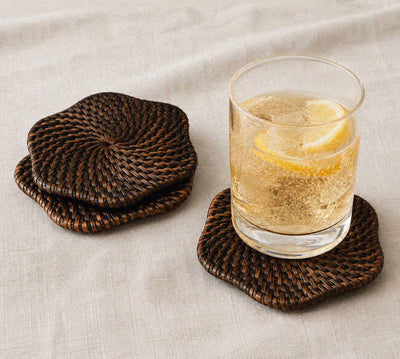Handwoven Scallop Rattan Coaster (Dark Brown) Straw Drink