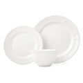 Madison white stoneware dinnerware set featuring scalloped edge dinner plates and bowl, service for 4.