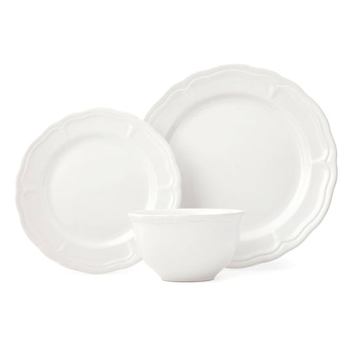 Madison white stoneware dinnerware set featuring scalloped edge dinner plates and bowl, service for 4.