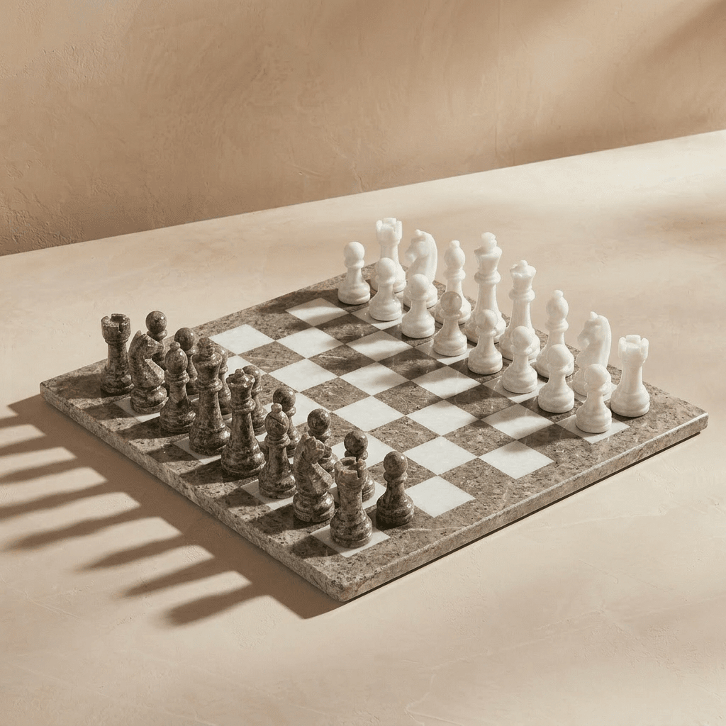 Marble Chess Set with Storage Case - Oceanic and White