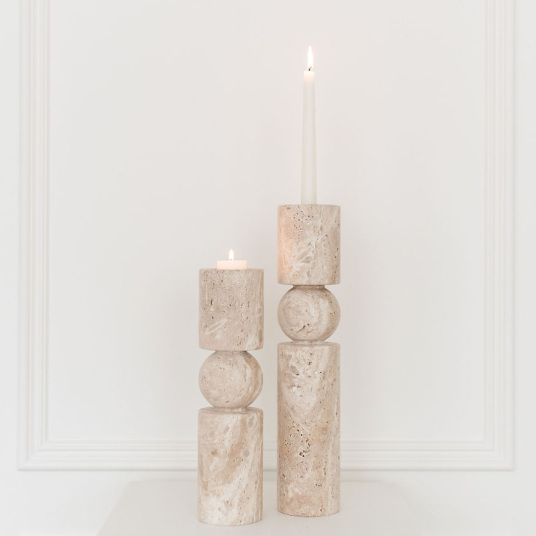 Travertine Stone Candle Holders | Dual Taper + Tealight