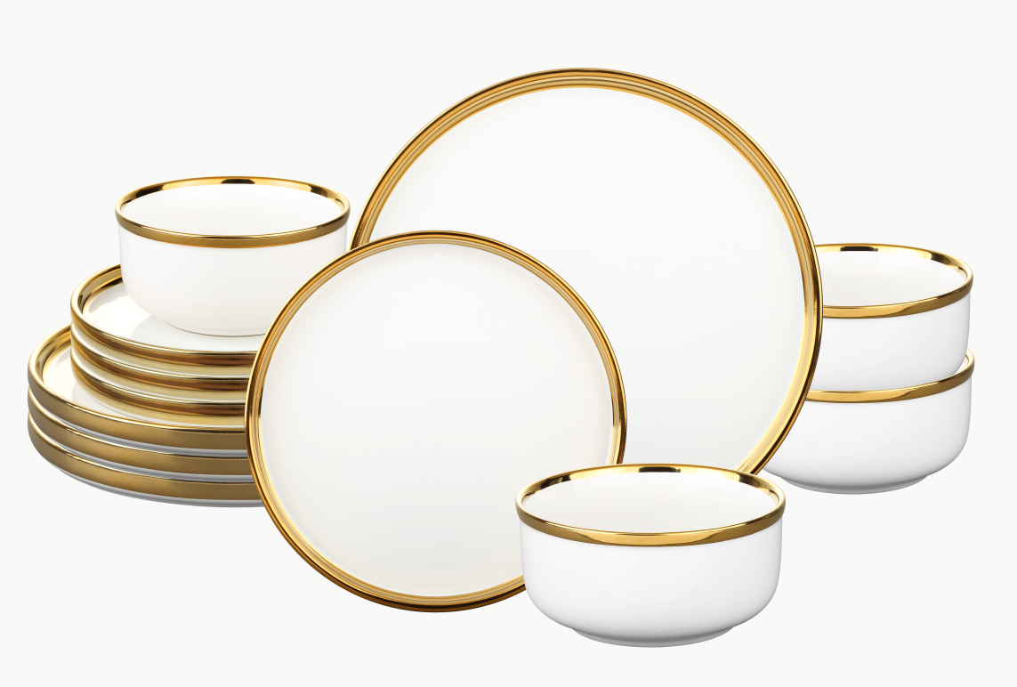 Hillcrest 12 Piece Gold Rim Dinnerware Set, Service For 4