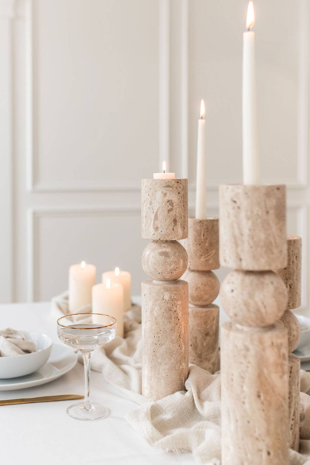 Travertine Stone Candle Holders | Dual Taper + Tealight