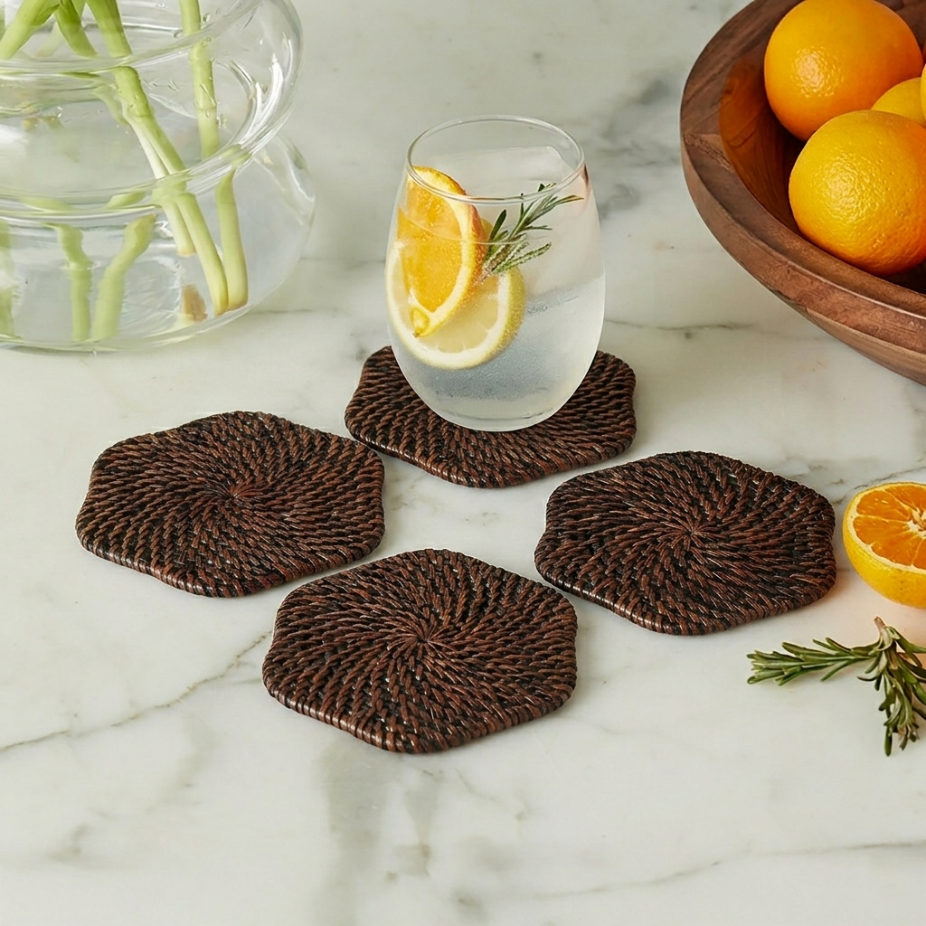 Handwoven Scallop Rattan Coaster (Dark Brown) Straw Drink