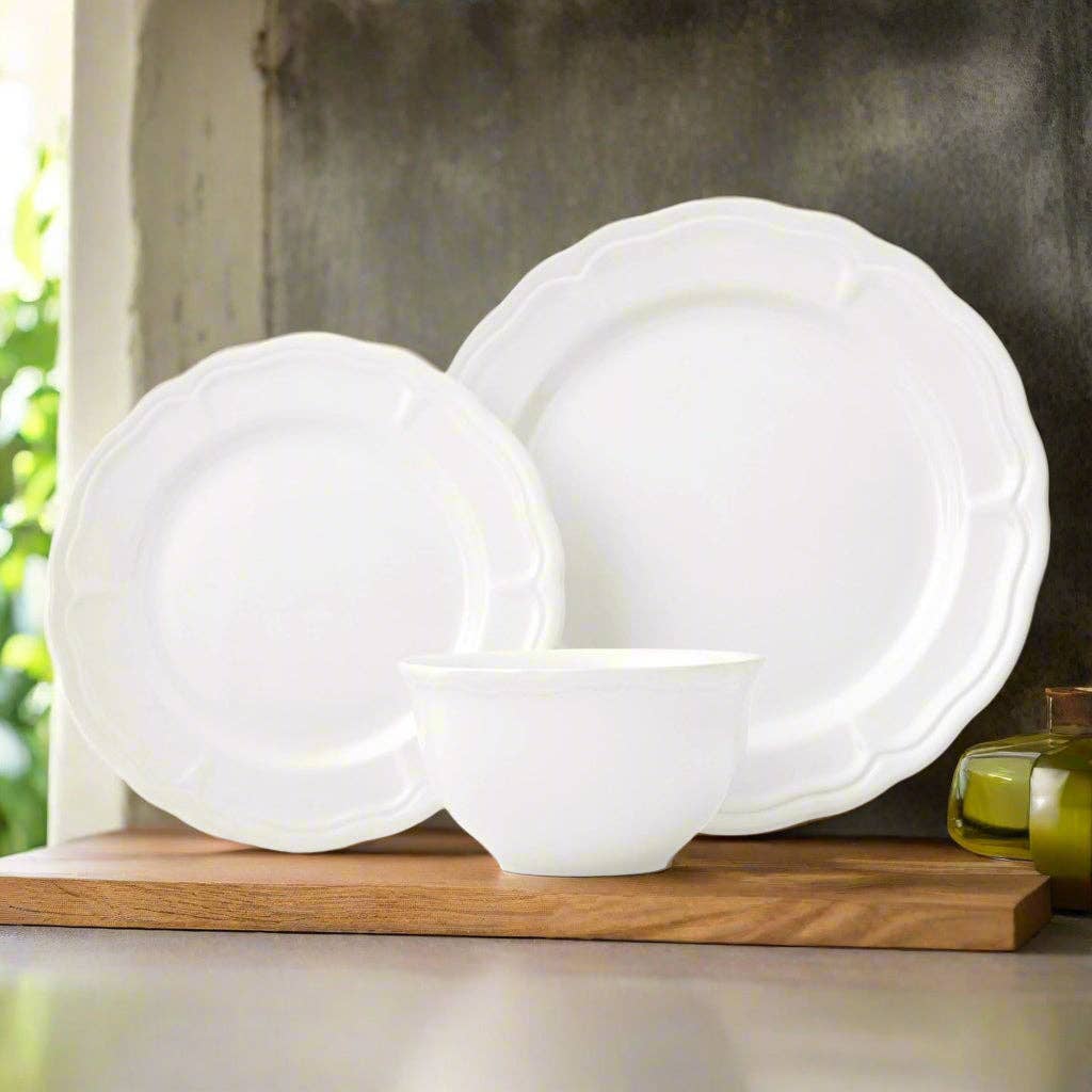 Madison White Stoneware 12 Piece Dinnerware Set, service for 4 includes dinner plates and bowls, perfect dinnerware set for elegant dining.