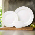 Madison White Stoneware 12 Piece Dinnerware Set, service for 4 includes dinner plates and bowls, perfect dinnerware set for elegant dining.
