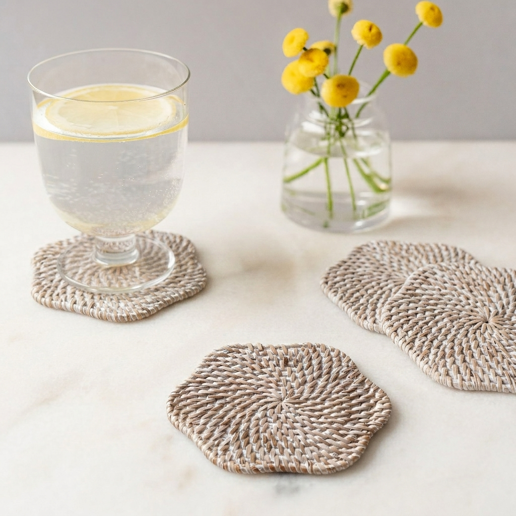 Handwoven Scallop Rattan Coaster (Whitewash) Straw Drink Mat