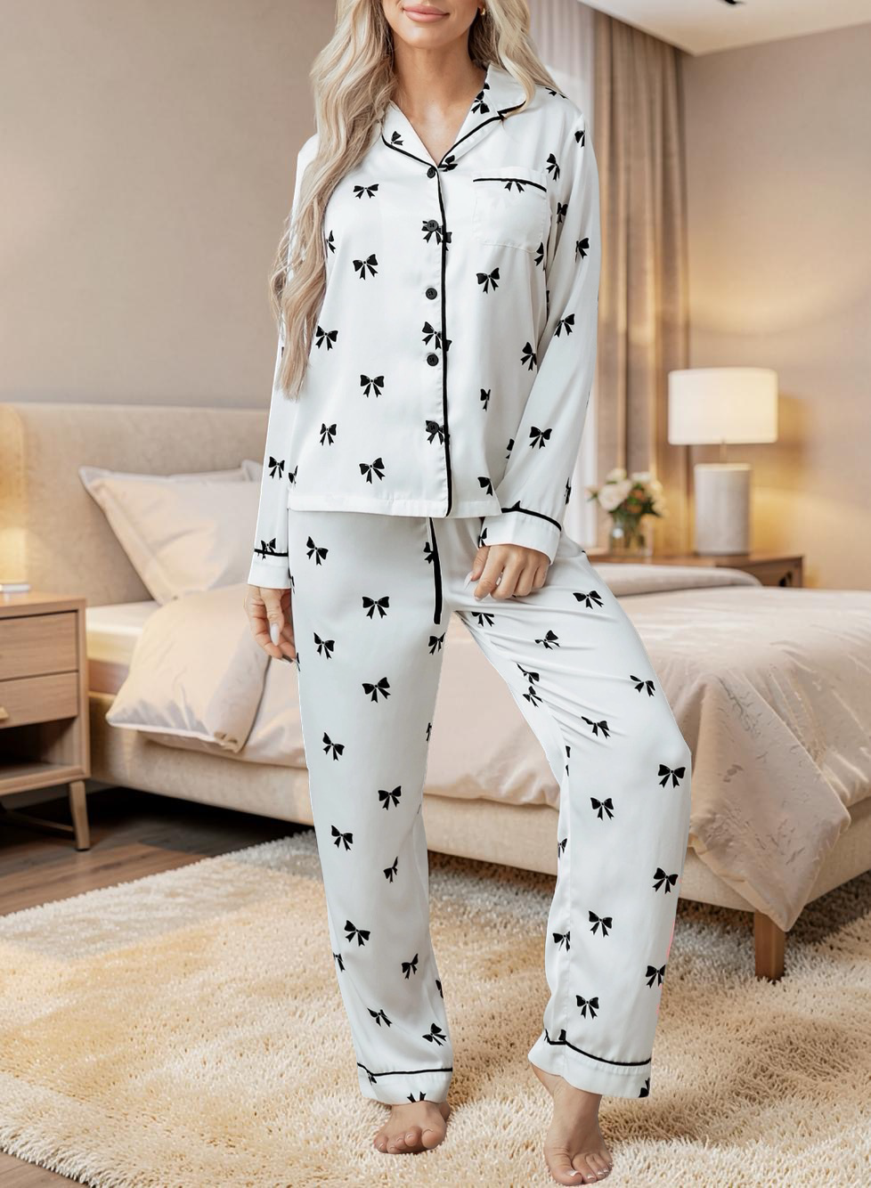 Elegant Black Bow Pajama - Set of 2 Pieces